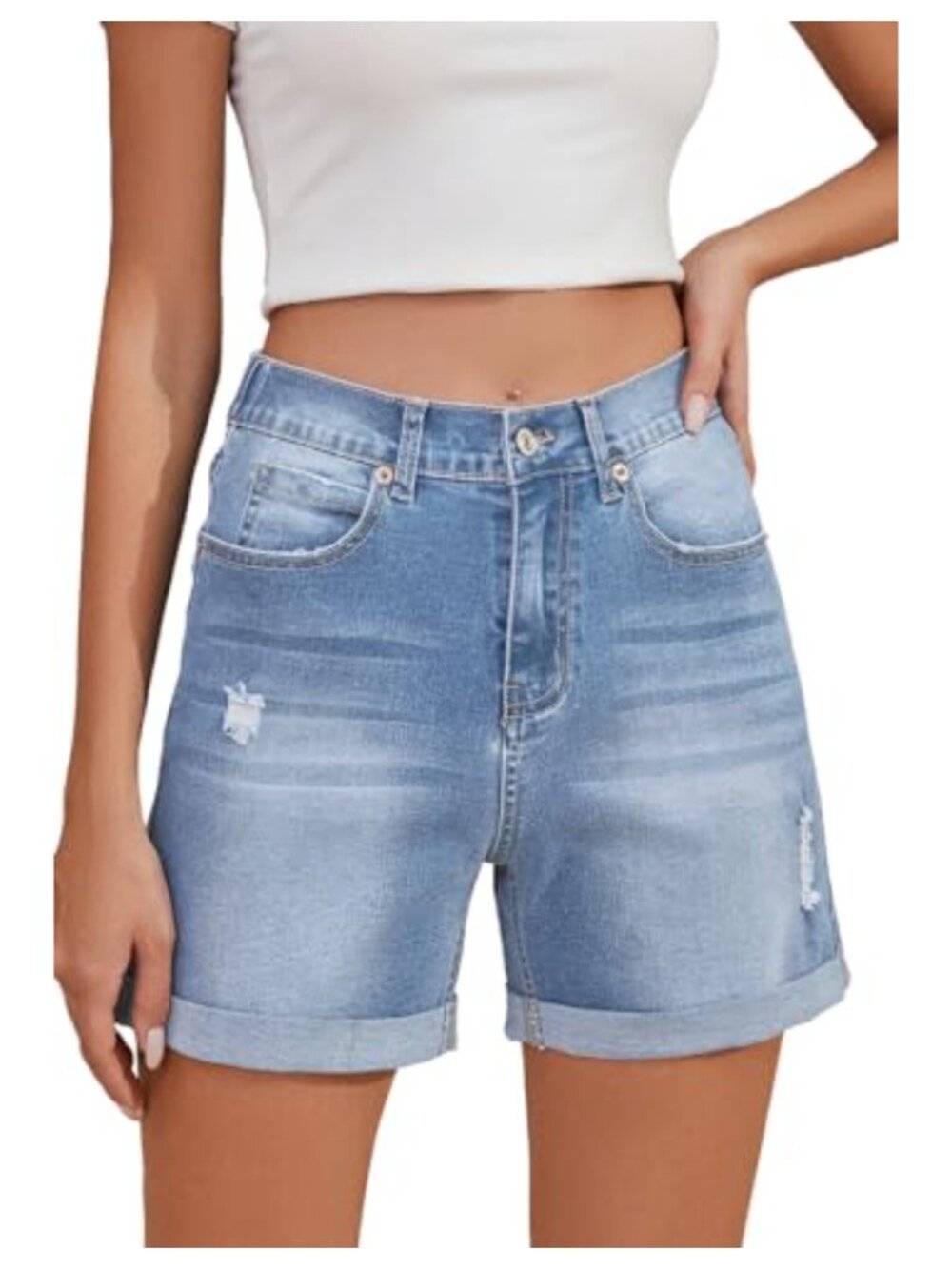 High Waist Rolled Hem Stretchy Denim Jean Shorts Casual Summer